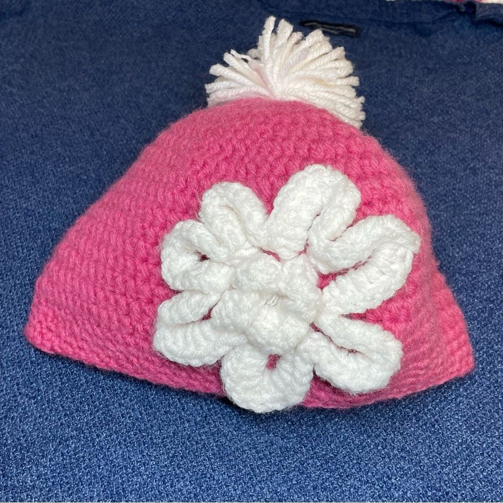 Fun Pink & White Floral Pom Pom Knit Handmade Beanie